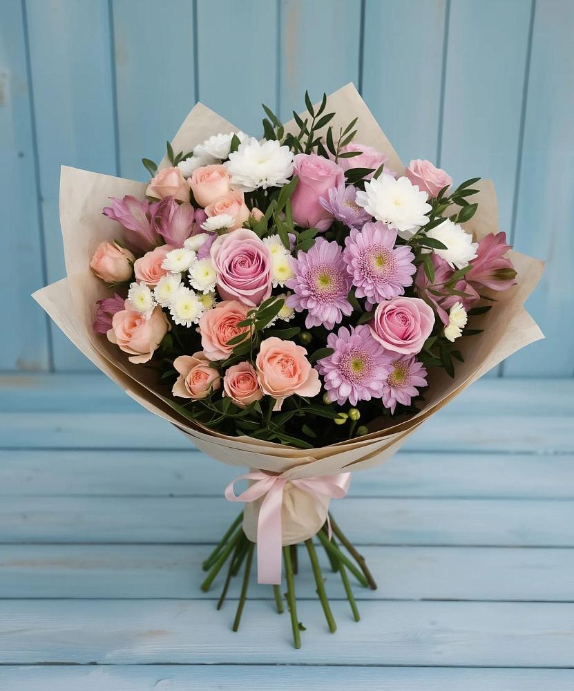 Букет цветов из: Хризантемы, Розы и Альстромерии в Ухолово